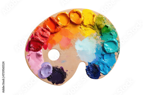 A wooden artist's palette displays vibrant, freshly squeezed oil paint in an array of colorful hues