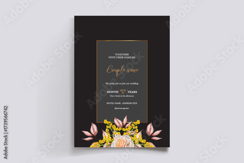 WEDDING INVITATION FRAME WITH FLOWER DECORATIONS AND FRESH LEAVES