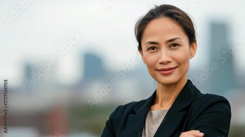 A poised businesswoman stands confidently against an urban skyline, symbolizing empowerment, leadership, and professionalism in today's fast-paced corporate environment.