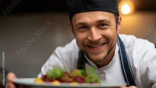 A professional chef proudly presents a beautifully plated gourmet dish in a restaurant kitchen, showcasing culinary creativity and passion for food artistry.
