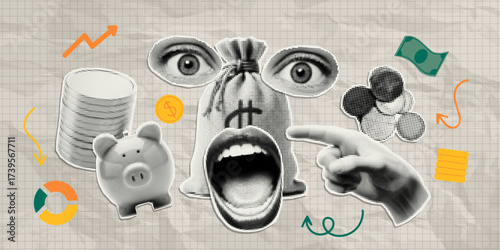 Trendy paper cutout collage elements with doodles. Halftone money stickers. Modern collage template. 