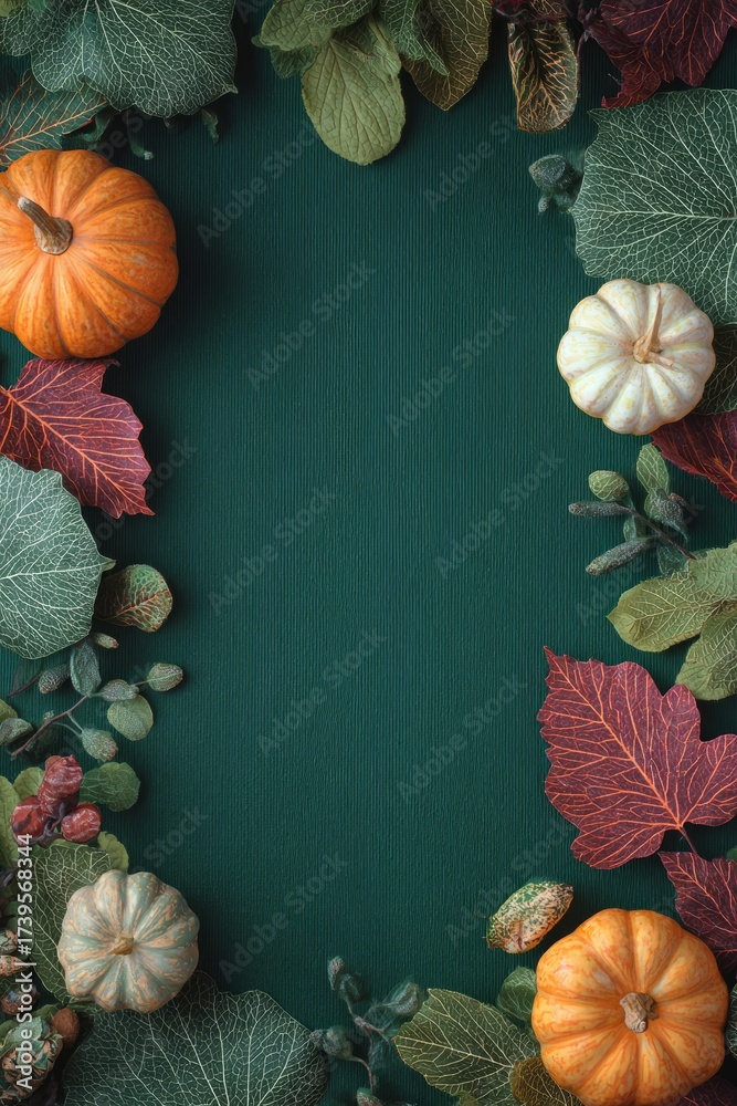 Obraz premium Autumn harvest pumpkins and leaves framing green background