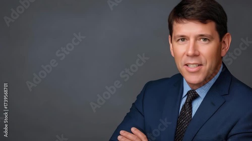 A professional man dressed in a tailored suit poses confidently, embodying success and leadership, set against a neutral background that highlights his focus and determination.