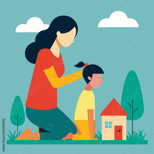 Mother gently combs her child s hair in a serene outdoor setting with a small house nearby