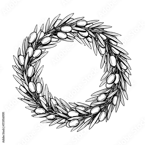 Hand drawn olive wreath with leaves and fruits.