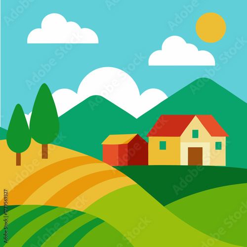 Vibrant flat design farm landscape with rolling hills and sunny sky