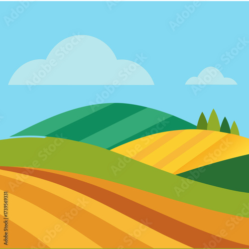 Rolling farmland with striped fields under a blue sky with clouds