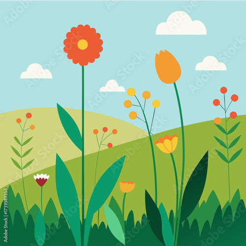 Whimsical spring meadow with colorful flowers and rolling hills