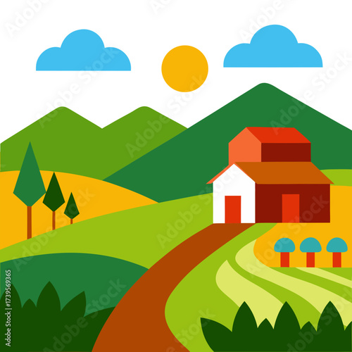 Stylized farmhouse scene with rolling hills and a winding path under a sunny sky