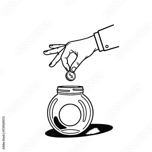 Hand putting coin into empty jar saving money concept.
