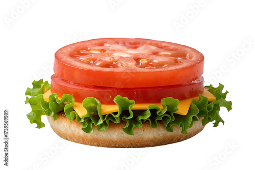 Stacked tomato slices and cheese with lettuce on bun isolated on a transparent background