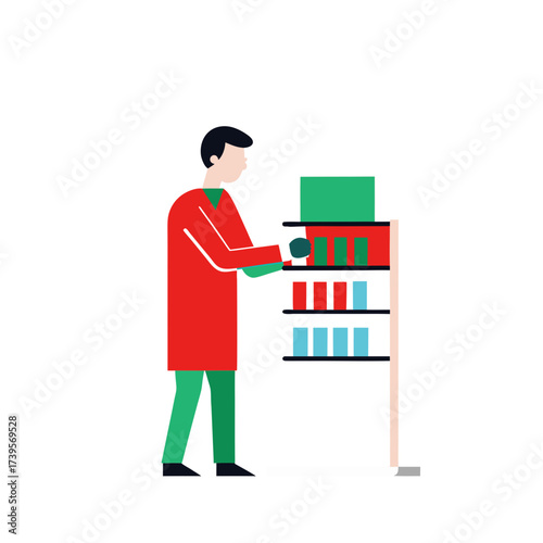 Person in red coat organizing books on a shelf in a minimalist style