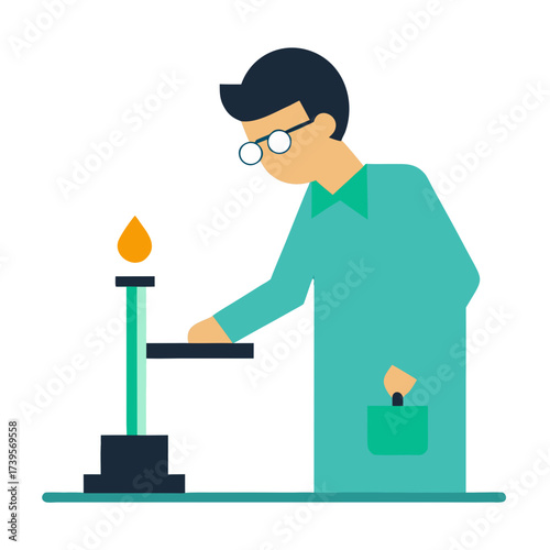 Scientist in lab coat examines flame on bunsen burner with focused attention