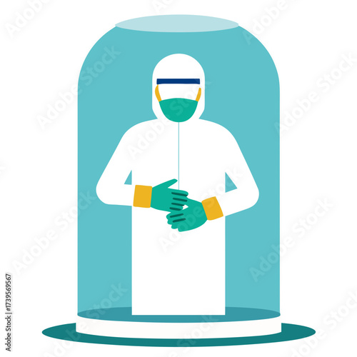 Person in protective suit isolated inside a transparent dome symbolizing safety and containment