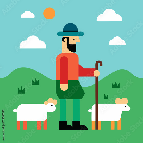 Stylized shepherd with sheep on a grassy hillside under a sunny sky