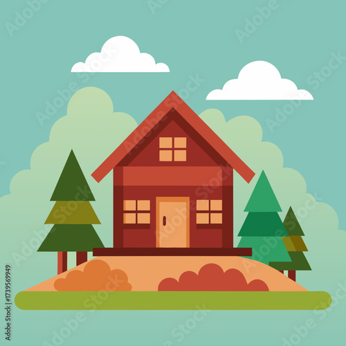 Cozy red cabin nestled among evergreen trees under a cloudy sky
