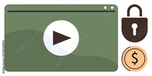 Media player with play button, padlock, and coin emphasizing security, monetization, and streaming. Ideal for content subscriptions, media, technology, digital payment cybersecurity online