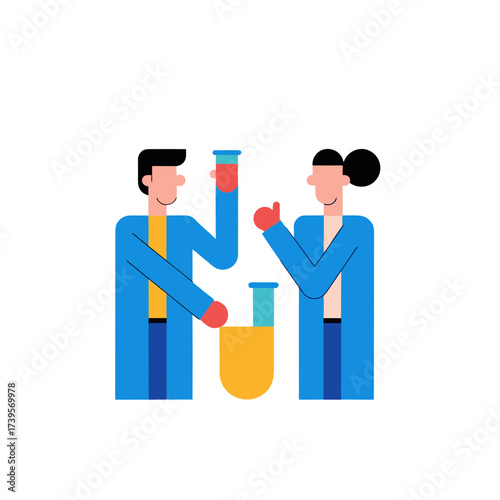 Two scientists collaborating in a laboratory with test tubes and experiments