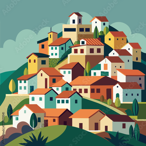 Colorful hillside village with diverse houses and greenery under a cloudy sky