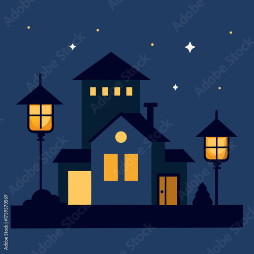 Cozy nighttime village scene with illuminated houses and streetlights under a starry sky