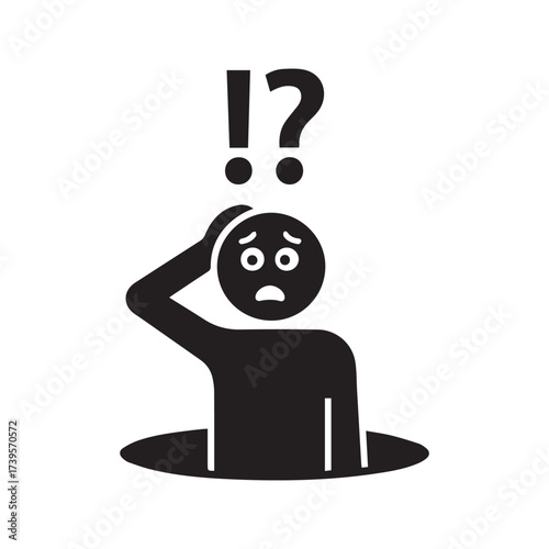 Confused Person Emerging from a Hole Icon, Stick Figure with Question Marks Symbolizing a Trap, Problem, or Discovery.
