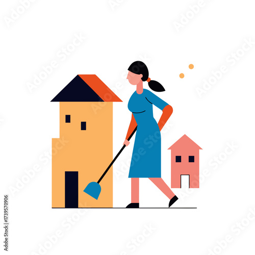 Woman sweeping outside houses in a stylized flat design illustration