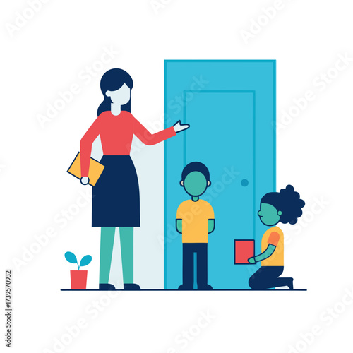 Teacher welcomes students at the door with a plant and books