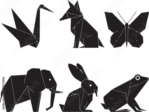 Origami animals and butterfly black silhouettes crane