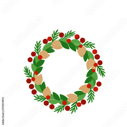 Festive christmas wreath with green leaves red berries and tan accents