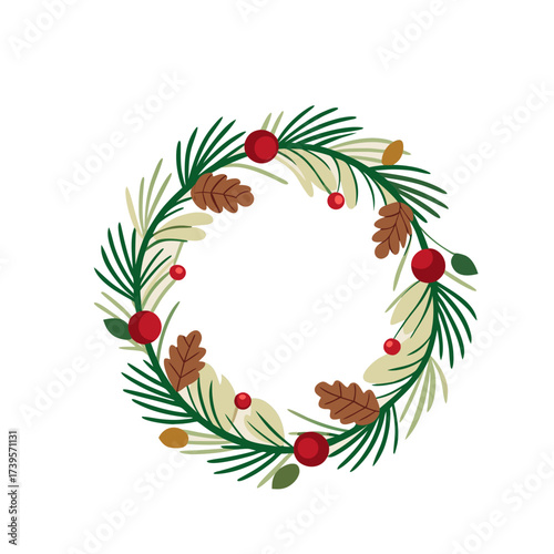 Festive christmas wreath with pine needles berries and oak leaves