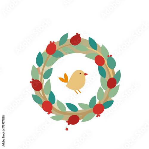 Charming yellow bird nestled within a festive autumn wreath of leaves and berries