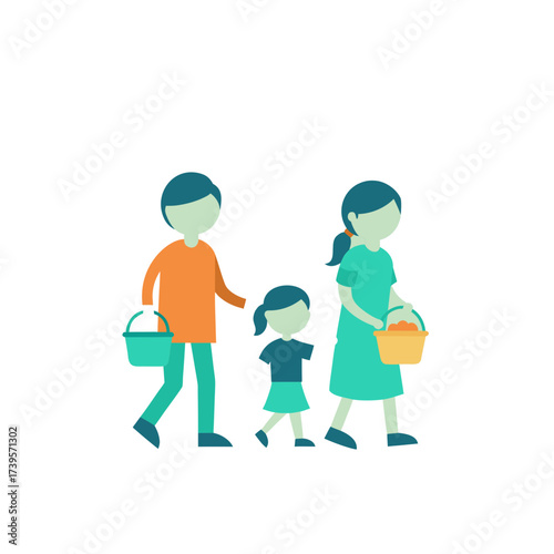 Stylized family walking together carrying baskets of produce and supplies