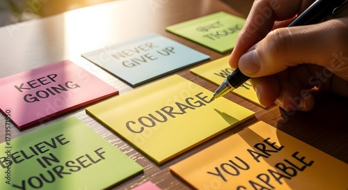 Handwriting Motivational Words on Sticky Notes for Encouragement.