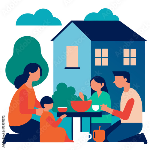 Family enjoys a meal together in their backyard with a charming blue house in the background