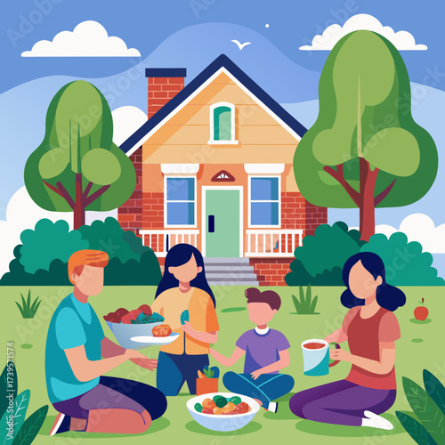 Family enjoys a delightful picnic on the green lawn in front of their cozy brick house