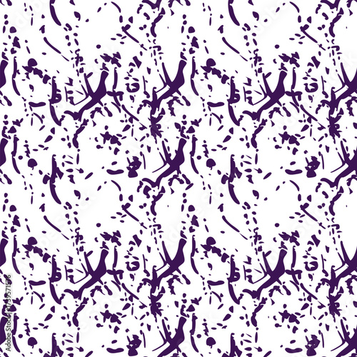 A dynamic, abstract vector pattern featuring irregular, organic shapes and scattered dots in a striking deep purple against a clean white background, creating a sense of movement and textural inter...