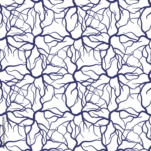 Seamless vector pattern of intricate navy blue branching structures resembling veins or tree roots against a stark white background.