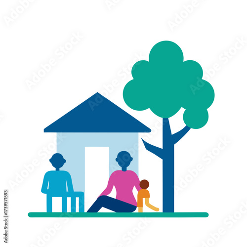 Diverse family enjoys a peaceful moment outside their home under a large tree