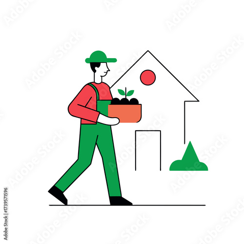 Gardener with a potted plant walks towards a stylized house and sun