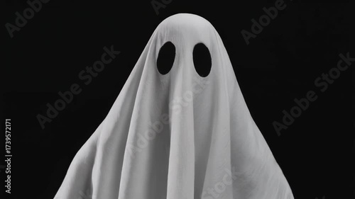 ghost made of bed sheet with eyes cut out hovering close to the camera