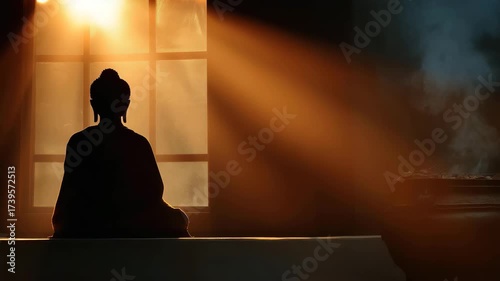 A silhouette of a meditating Buddha is highlighted by golden rays of sunlight streaming through a window, symbolizing peace and enlightenment in a tranquil setting.