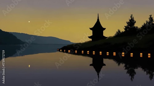 A picturesque silhouette of a pagoda stands near a calm water body, capturing the essence of tranquility and natural beauty during twilight hours with reflected lights.