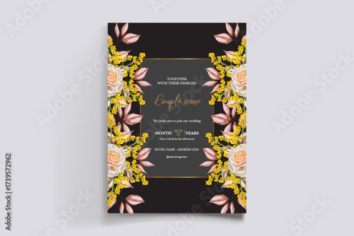 WEDDING INVITATION FRAME WITH FLOWER DECORATIONS AND FRESH LEAVES