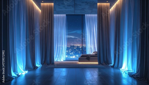 Minimalist Bedroom with Ambient Lighting, Sheer Curtains, and City View