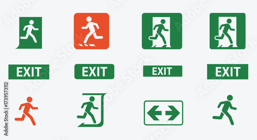 Collection of emergency exit signs depicting people running towards safety