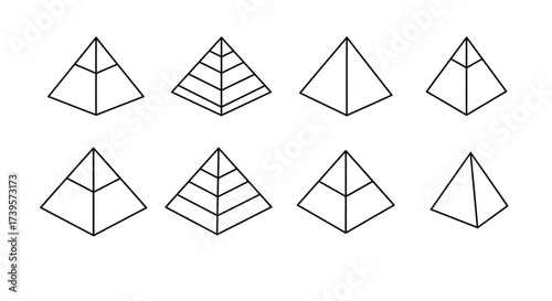 Arrangement of geometric pyramids in various orientations and styles