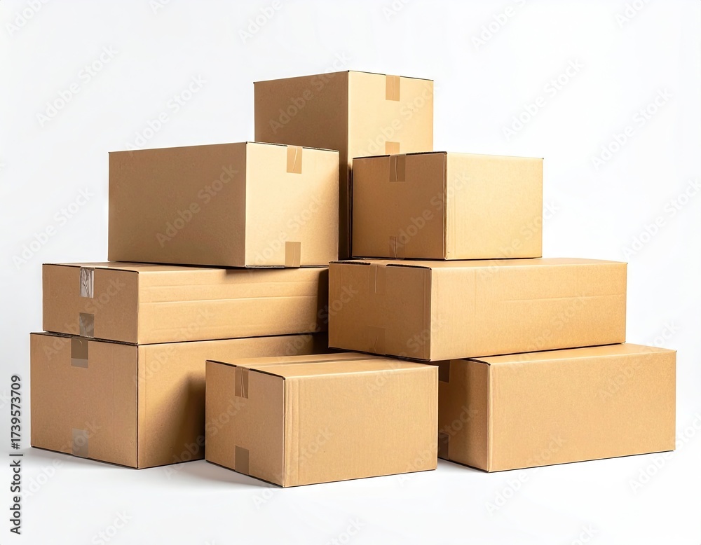 Fototapeta premium Stacked Corrugated Cardboard Boxes on White Background Delivery and Packaging