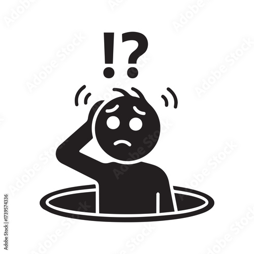 Confused Person Emerging from a Hole Icon, Stick Figure with Question Marks Symbolizing a Trap, Problem, or Discovery.
