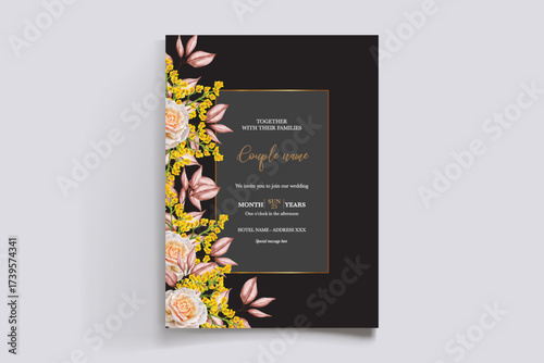 WEDDING INVITATION FRAME WITH FLOWER DECORATIONS AND FRESH LEAVES