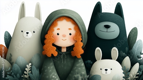 Exploring a whimsical forest scene with a girl and her animal friends surrounded by lush greenery and vibrant leaves